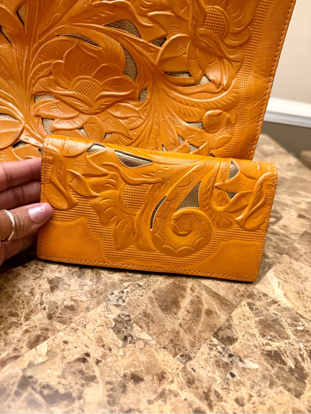 Patricia Nash Hand-Tooled Floral Leather Tote and Wallet - Caramel Brown - Picture 3 of 15